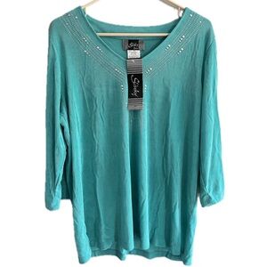 NWT Slinky Brand Women Teal V-Neck Long Sleeve Top with Rhinestone Detail Large